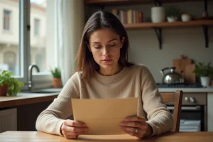 Femme lisant une enveloppe officielle à son nom chez une tierce personne, illustrant la domiciliation postale légale