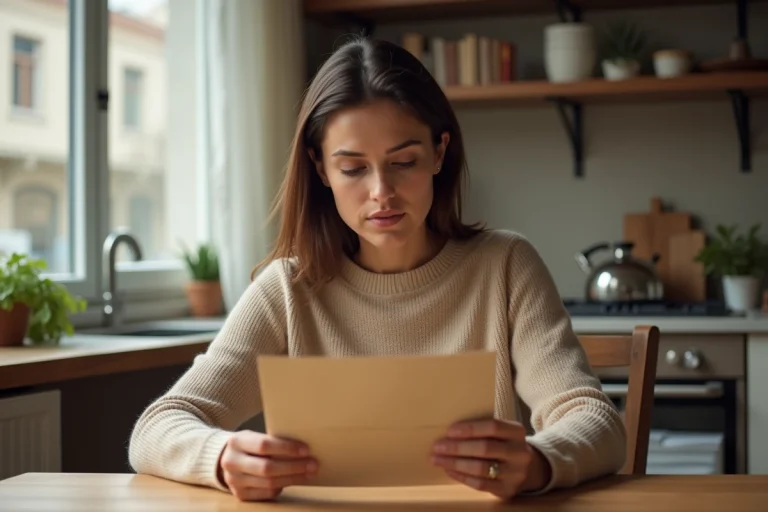 Femme lisant une enveloppe officielle à son nom chez une tierce personne, illustrant la domiciliation postale légale