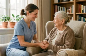 Auxiliaire de vie tenant les mains d'une personne âgée dans un salon chaleureux, illustrant les services d'aide à domicile pour les seniors