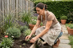 Femme aménageant un massif de fleurs dans un jardin bien entretenu avec des pots en terre cuite et un chemin en pierre