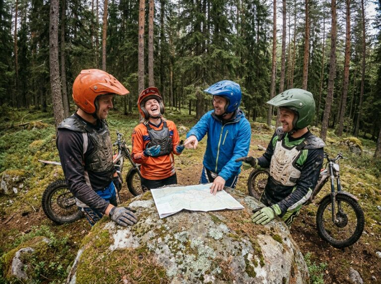Groupe d'amis en tenue de moto trial qui planifient leur parcours sur un sentier forestier rocheux