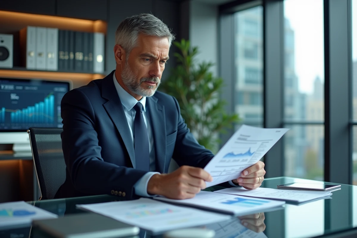 Analyste financier en costume marine étudiant des rapports d'actifs d'entreprise dans un bureau moderne avec vue sur la ville
