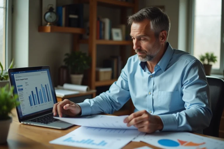 Homme analysant des documents financiers liés à un investissement immobilier Pinel sur un bureau en bois