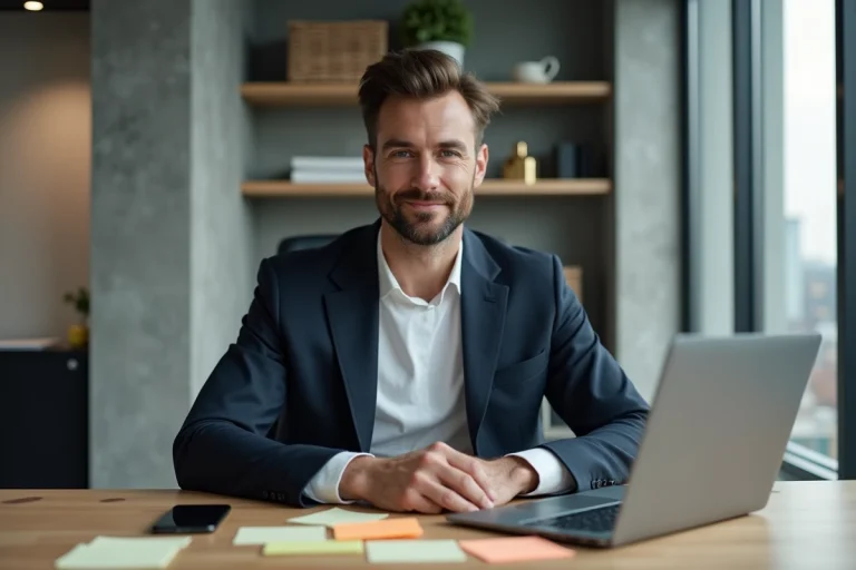 Antoine Pésery, entrepreneur numérique influent, travaillant dans un bureau moderne avec laptop et smartphone