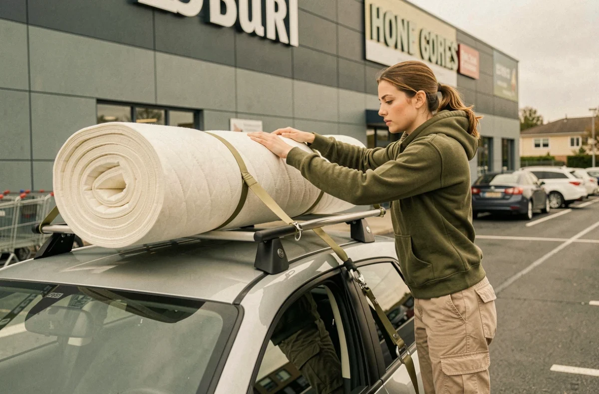Femme attachant un matelas roulé sur la galerie de toit d'une voiture avec des sangles