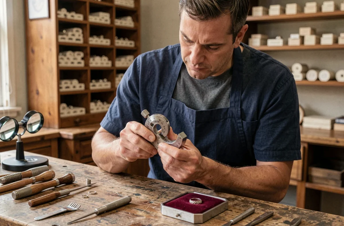 Bijoutier artisan tenant un mandrin de bague gradué avec les tailles françaises et américaines dans un atelier traditionnel