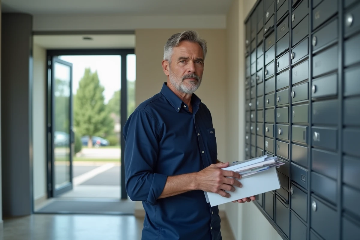 Homme récupérant son courrier dans les boîtes aux lettres d'un immeuble résidentiel, représentant l'usage d'une adresse postale chez un tiers