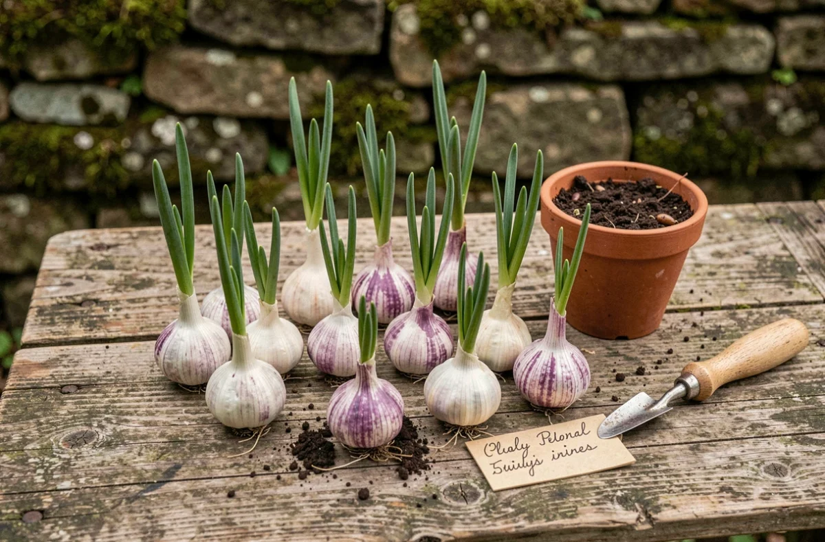 Bulbes d'ail germés disposés sur un établi de jardin en bois avec outils de plantation et étiquette de potager