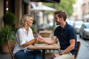 Femme souriante avec homme au café en extérieur