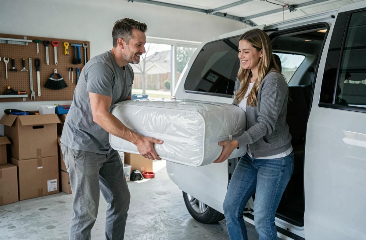 Deux amis chargeant un matelas roulé sous vide dans un minivan depuis un garage