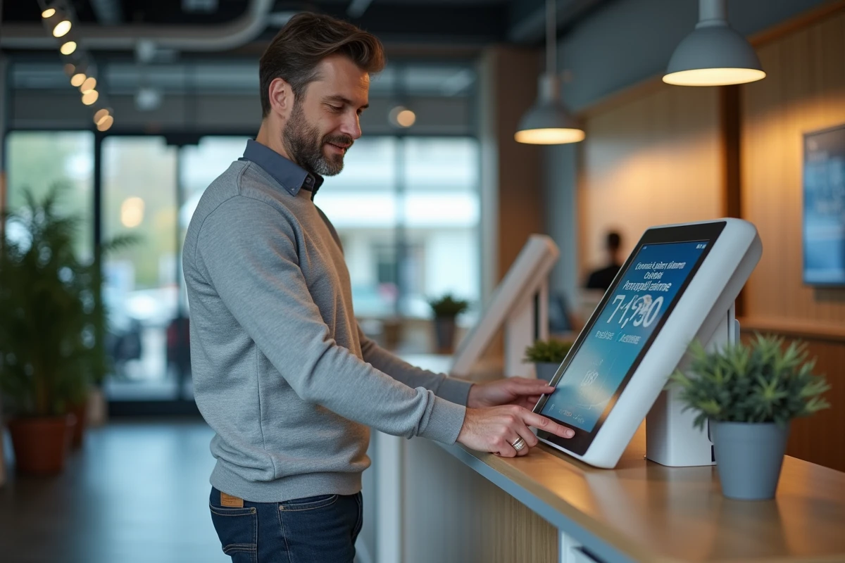 Client utilisant un kiosque en libre-service dans une agence Crédit Mutuel moderne en Ille-et-Vilaine