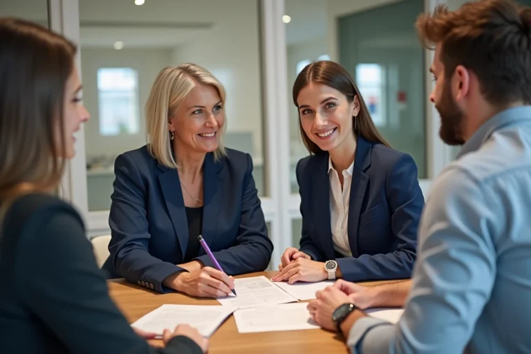 Conseillère bancaire du Crédit Mutuel en Ille-et-Vilaine discutant des services financiers avec un couple de clients dans une agence moderne à Rennes