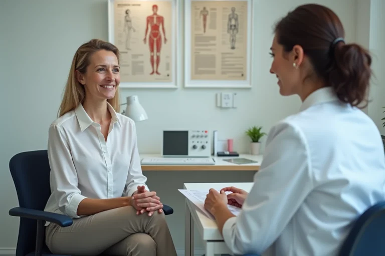 Femme en consultation avec un dermatologue dans une clinique moderne