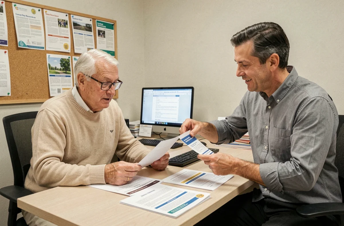 Un senior et un travailleur social consultent des documents informatifs sur les services disponibles pour les personnes âgées dans un centre communautaire