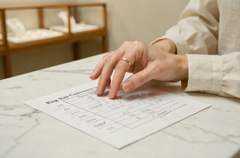 Femme essayant une bague en or en consultant un tableau de correspondance des tailles de bague US et françaises sur marbre blanc