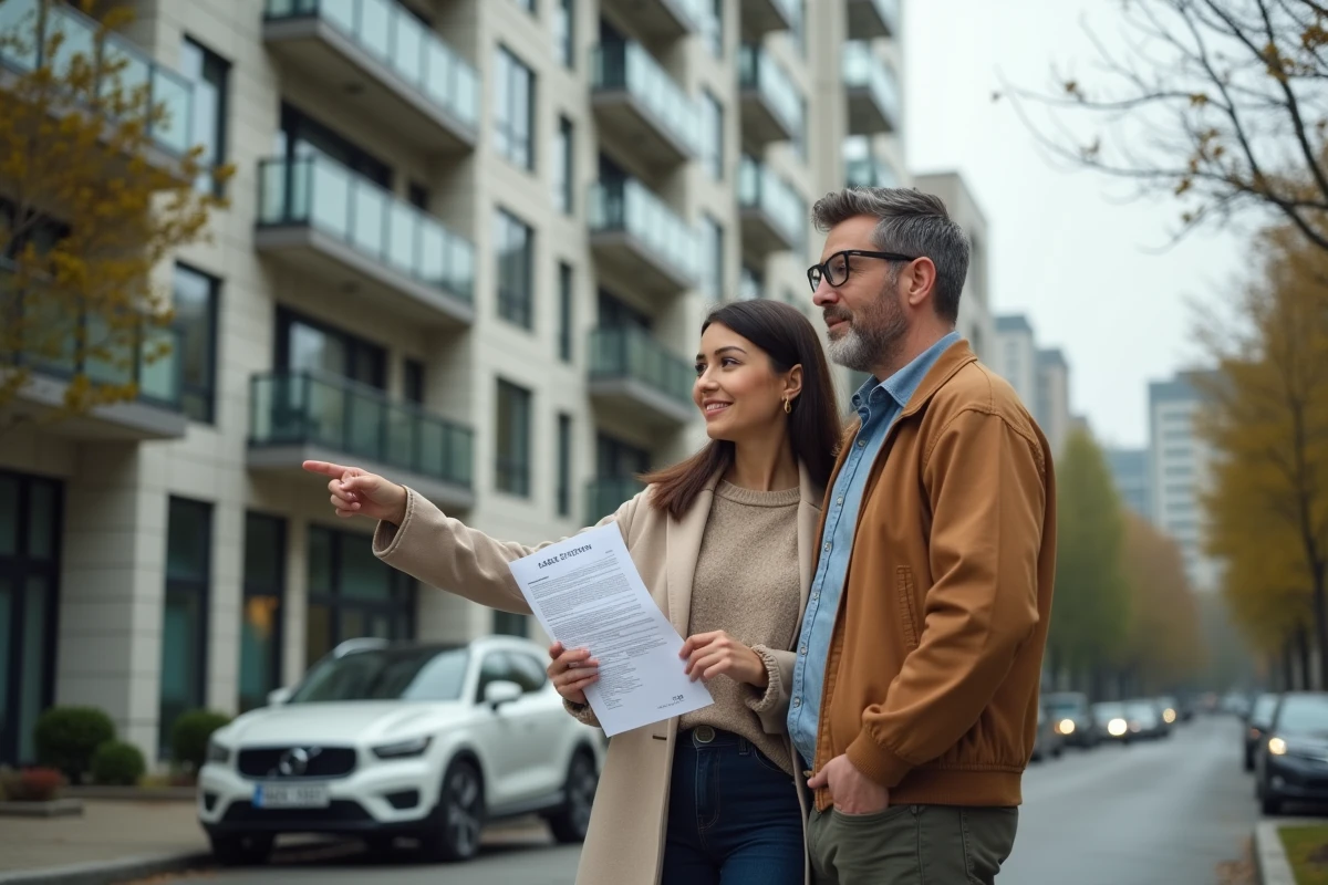 Couple devant un immeuble locatif éligible au dispositif Pinel tenant un contrat de bail immobilier