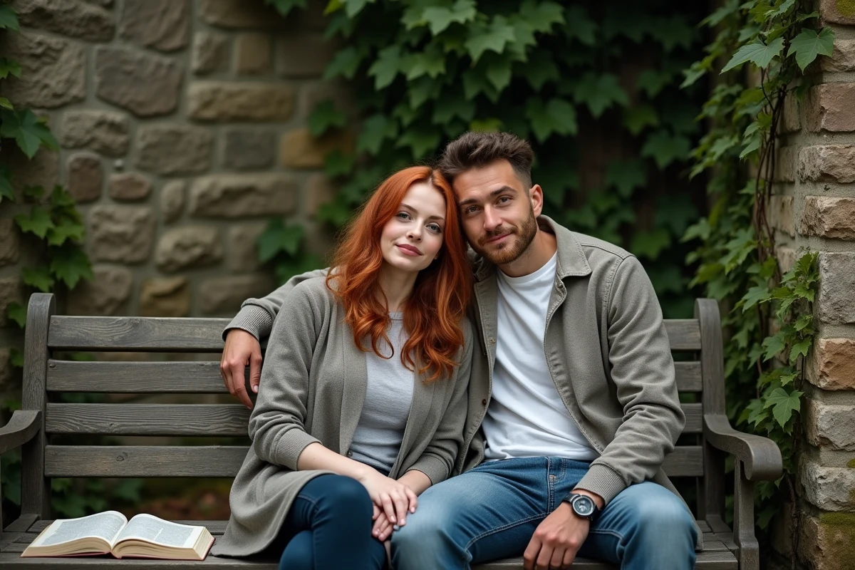 Couple paisible assis dans un jardin clos en pierre évoquant l'intimité préservée de Kelly Reilly et Kyle Baugher à l'abri des regards