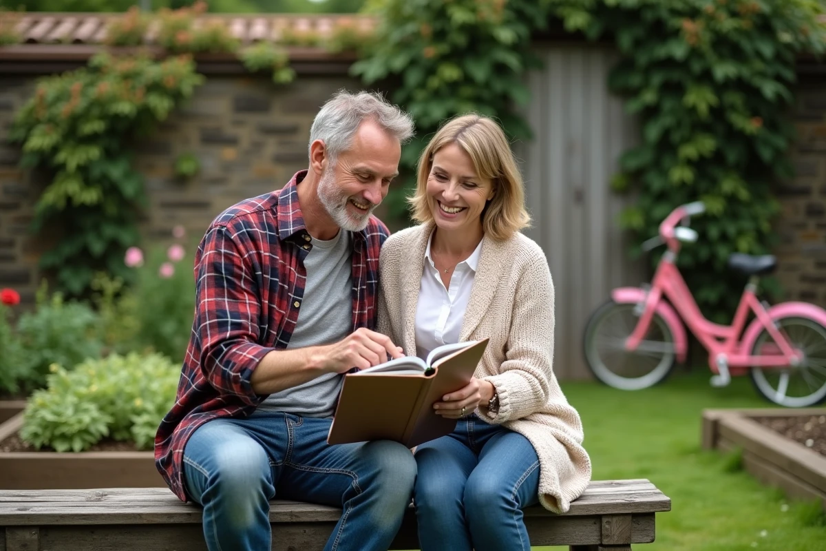 Couple de parents planifiant leur semaine en famille dans un jardin verdoyant