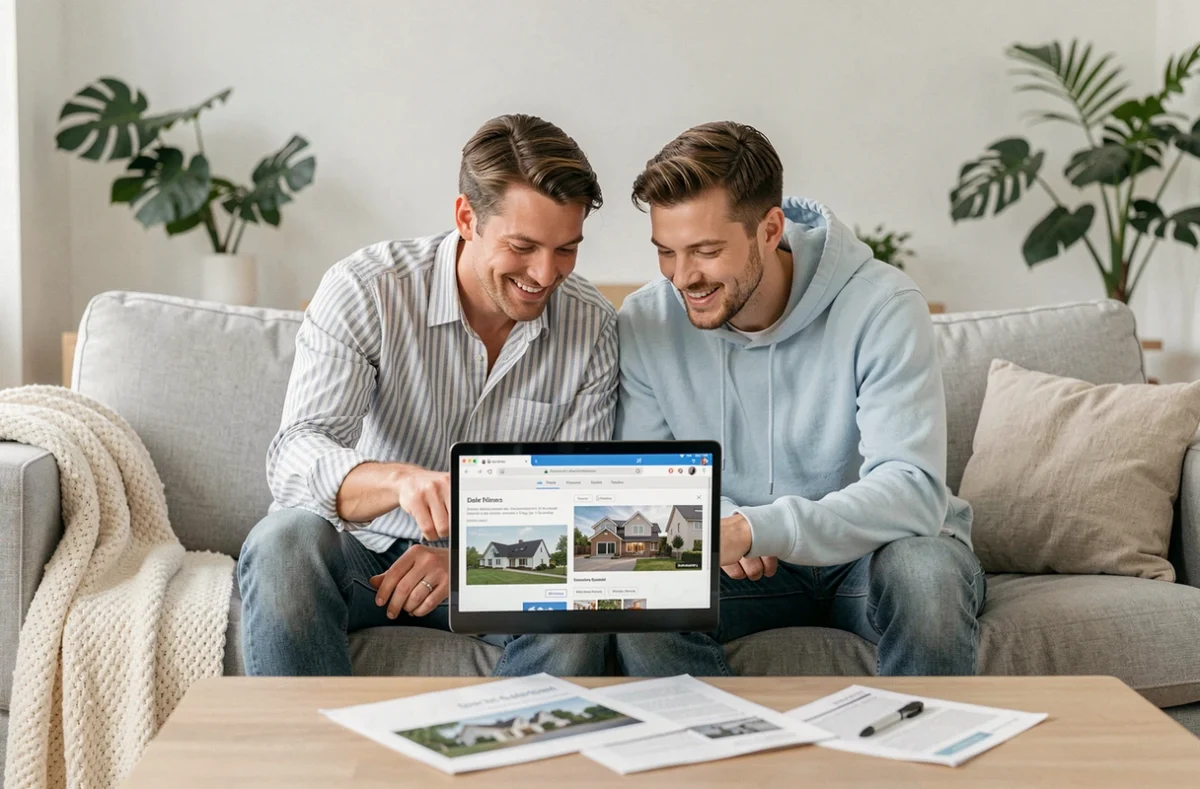 Couple consultant des annonces immobilières ensemble sur un canapé dans un salon Scandinave