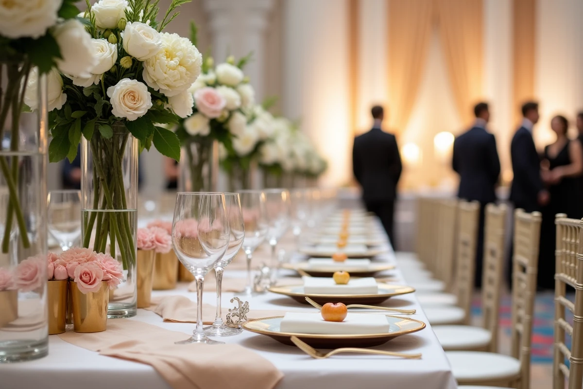 Table de réception de mariage élégante avec compositions florales de pivoines blanches et roses blush, vaisselle dorée et verres en cristal dans une salle de banquet décorée