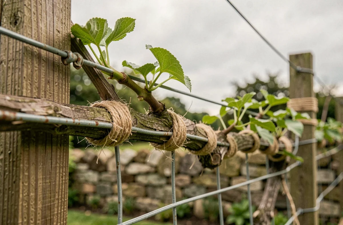 Détail d'un kiwi attaché à un treillis métallique avec de la ficelle de jute dans un jardin