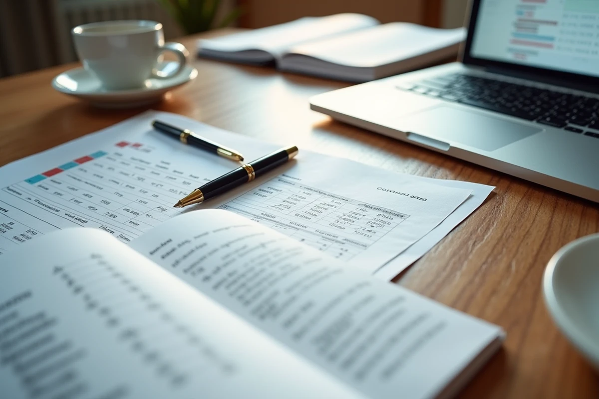 Vue aérienne d'un bureau avec des documents financiers, un rapport annuel et des notes manuscrites sur l'analyse des actifs d'entreprise