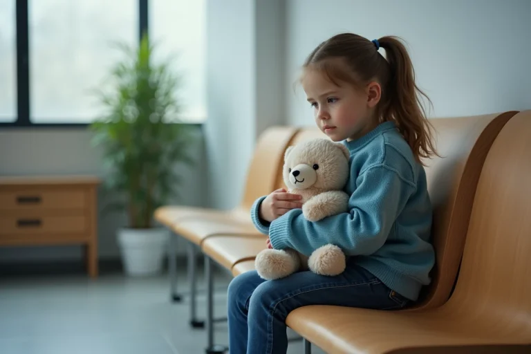 Jeune fille assise seule dans une salle d'attente d'un cabinet de médiation familiale, serrant un doudou, illustrant la vulnérabilité des enfants lors d'une séparation parentale conflictuelle