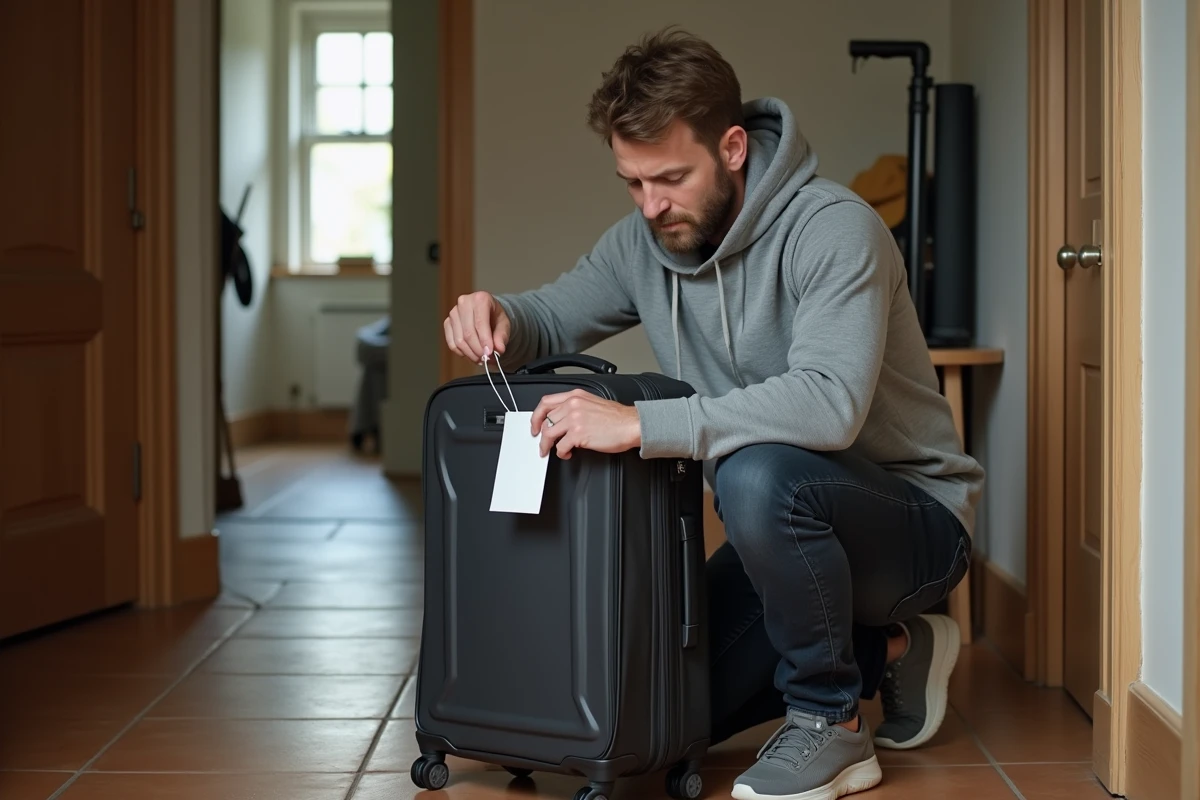Homme insérant une étiquette valise imprimée dans le porte-étiquette d'un bagage dans un couloir d'entrée