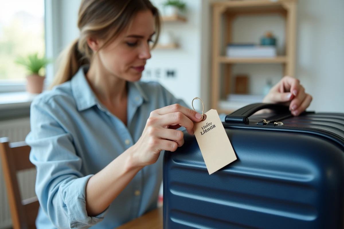 Femme attachant une étiquette valise imprimée à une grande valise bleue à son bureau à domicile