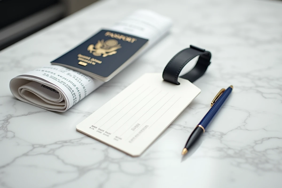 Étiquette valise imprimée posée sur un plan de travail en marbre avec passeport et carte d'embarquement
