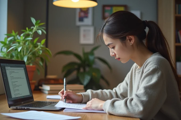 Jeune étudiante concentrée à remplir un formulaire d'absence