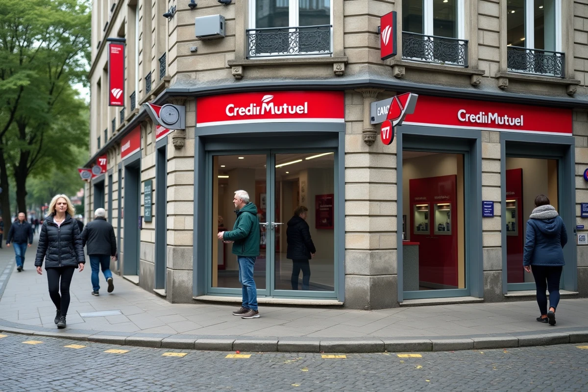 Facade extérieure d'une agence Crédit Mutuel dans une ville d'Ille-et-Vilaine avec architecture bretonne traditionnelle et signalétique moderne