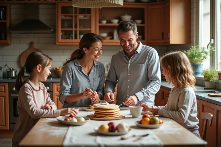 Famille épanouie préparant des crêpes ensemble dans une cuisine rustique le matin