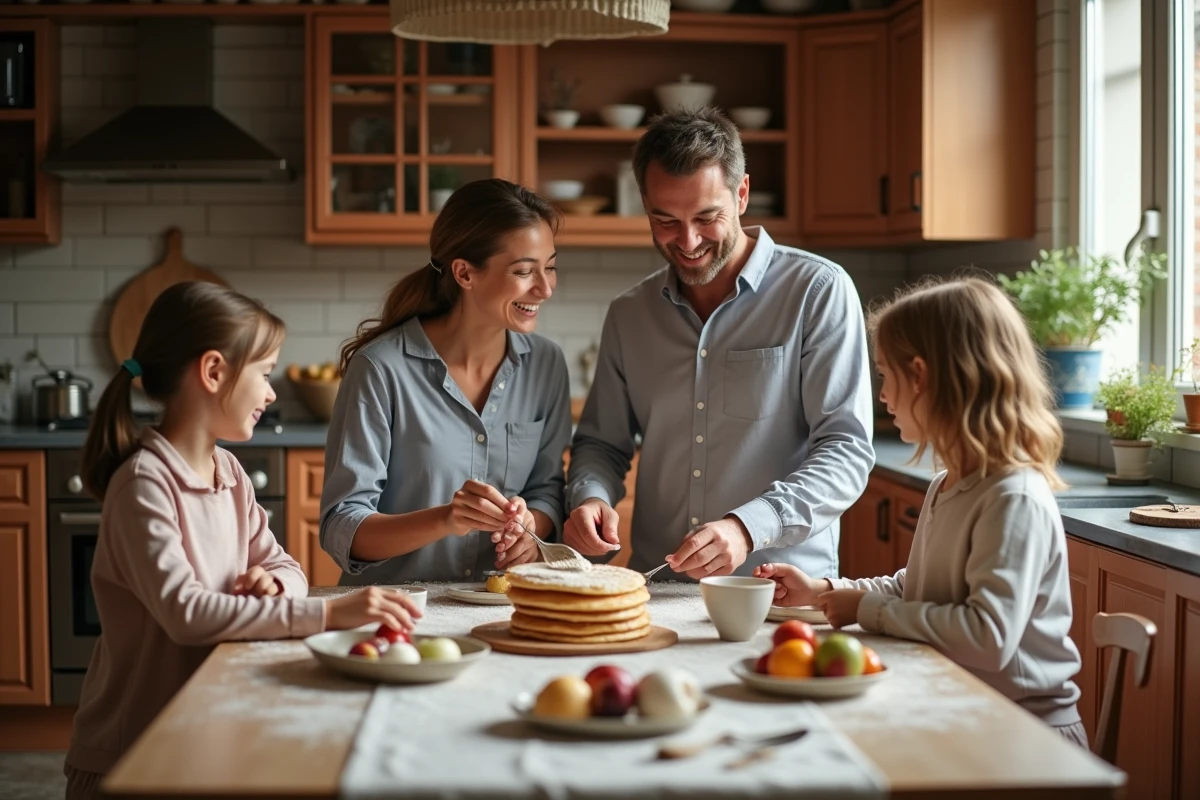 Famille épanouie préparant des crêpes ensemble dans une cuisine rustique le matin