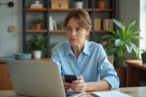 Femme d'âge moyen au bureau avec ordinateur et smartphone
