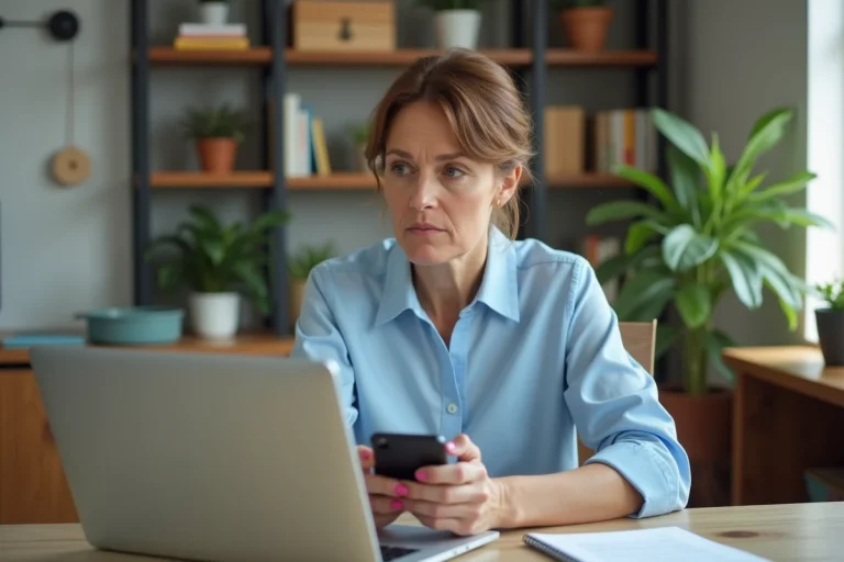 Femme d'âge moyen au bureau avec ordinateur et smartphone