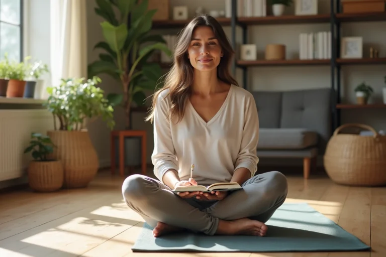 Femme en yoga journalisant dans un salon lumineux