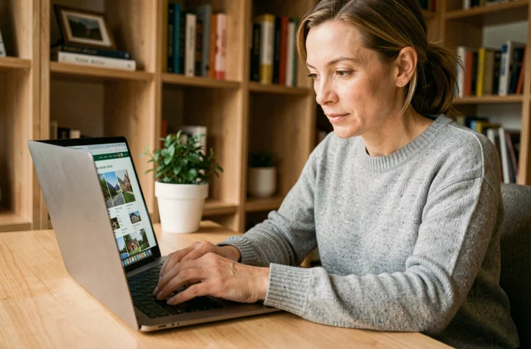 Femme cherchant des annonces immobilières fiables sur un ordinateur portable dans un bureau à domicile