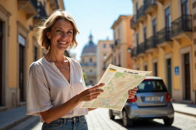 Femme souriante avec carte ZTL devant une ville sicilienne