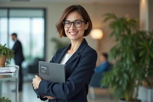Femme souriante en bureau avec dossier santé