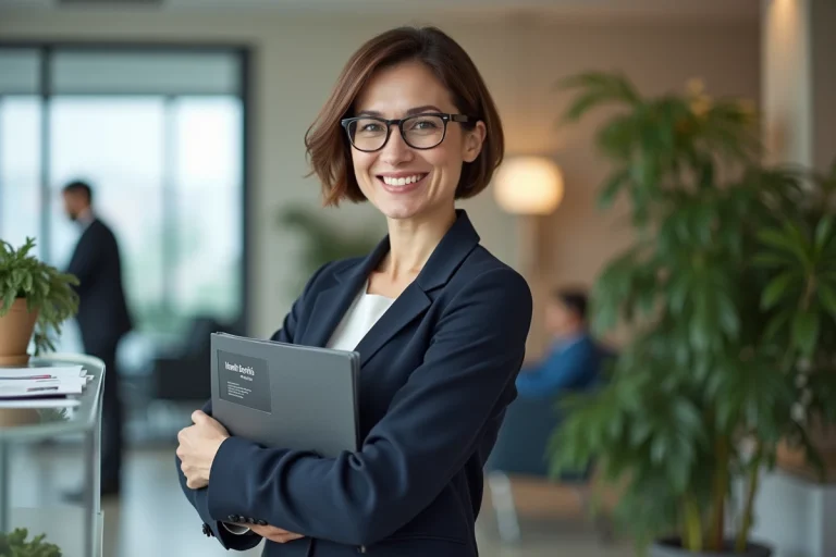 Femme souriante en bureau avec dossier santé