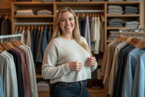 Femme tenant un pull taille XXL dans une boutique de vêtements grande taille