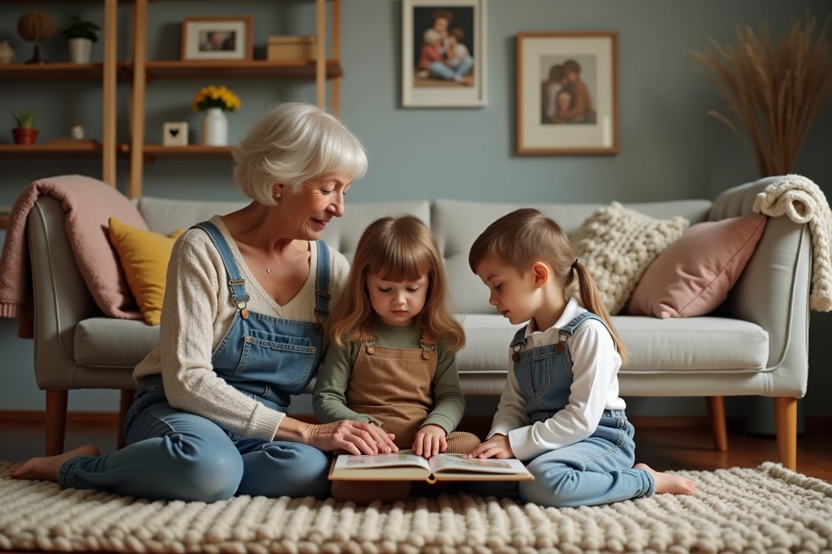 Grand-mère lisant une histoire à ses petits-enfants dans un salon familial chaleureux