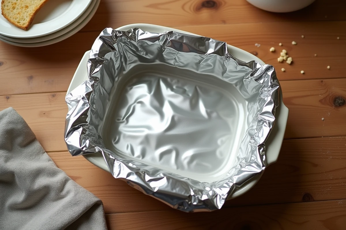Plat à gratin recouvert de papier aluminium pour conserver l'humidité lors du réchauffage au four