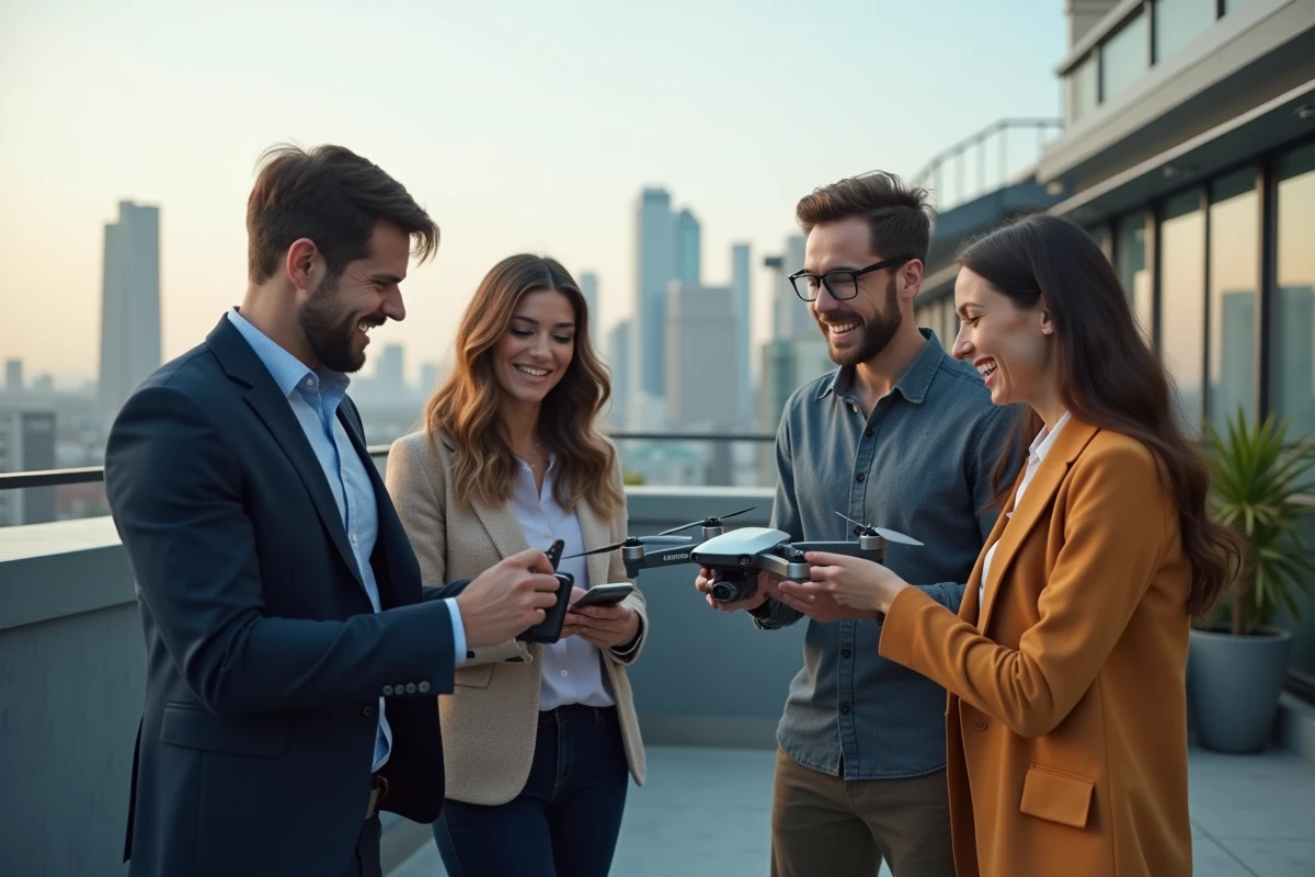 Groupe de jeunes adultes observant un drone en rooftop urbain