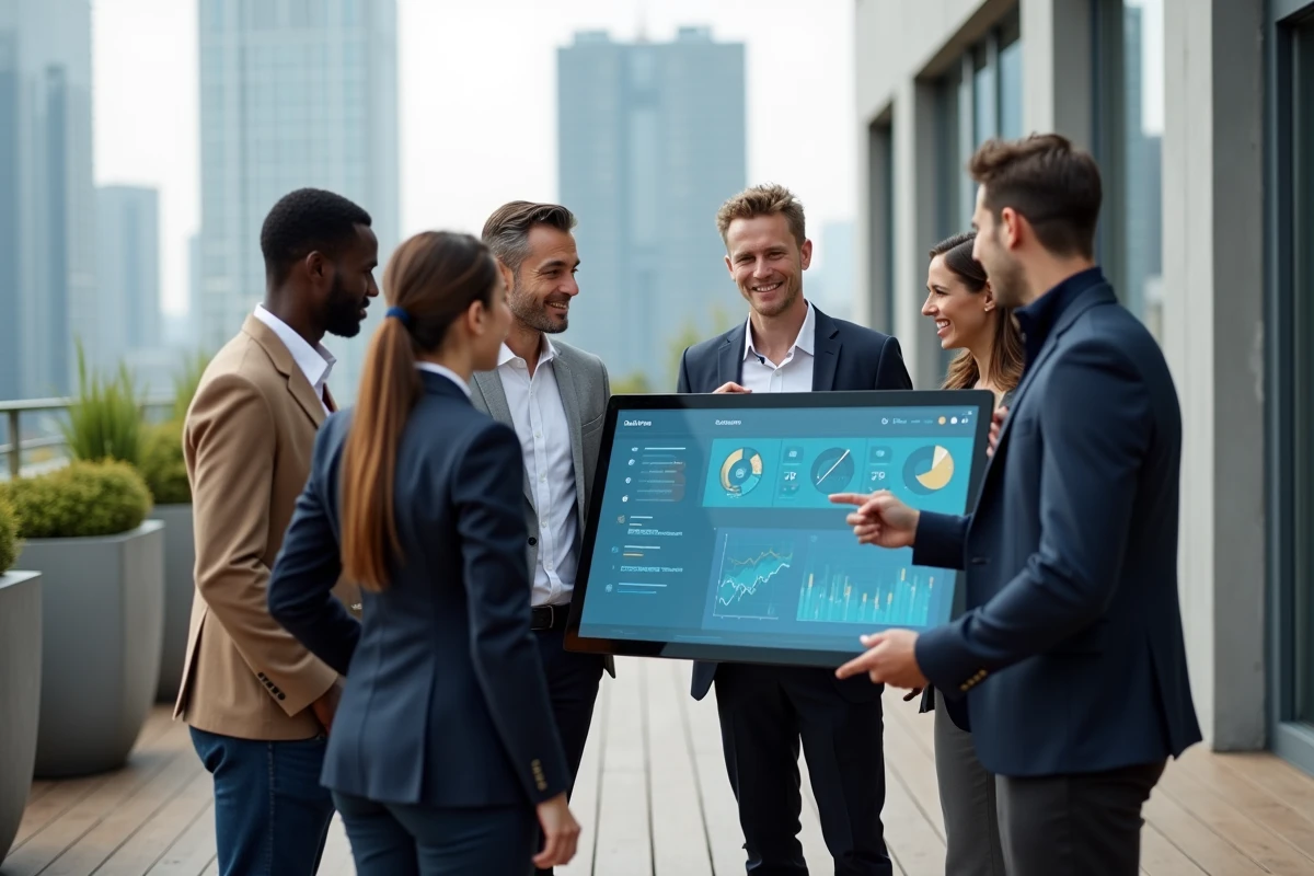 Groupe de professionnels discutant sur une terrasse en rooftop moderne