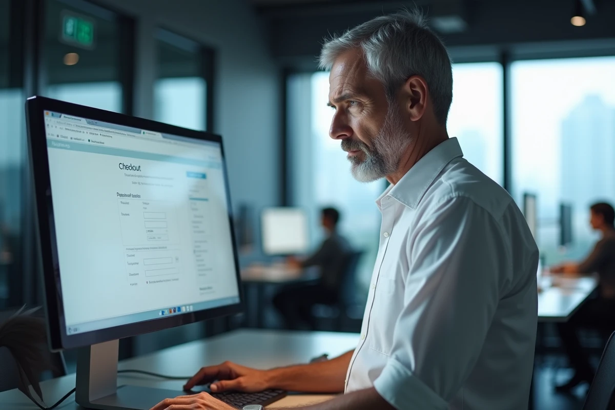 Homme en bureau consultant une page de paiement en ligne sans authentification 3D Secure sur un écran d'ordinateur