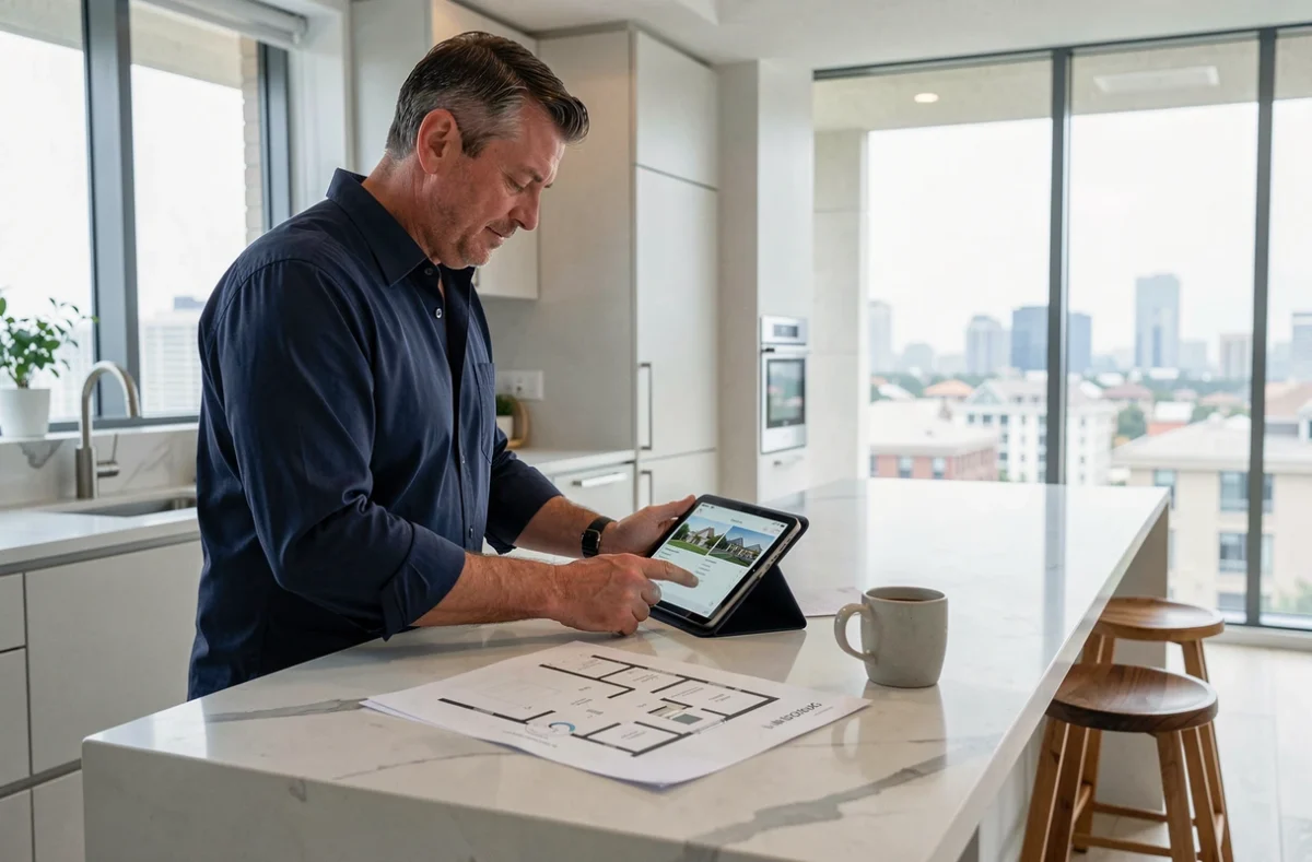 Homme consultant une application immobilière sur une tablette dans une cuisine moderne