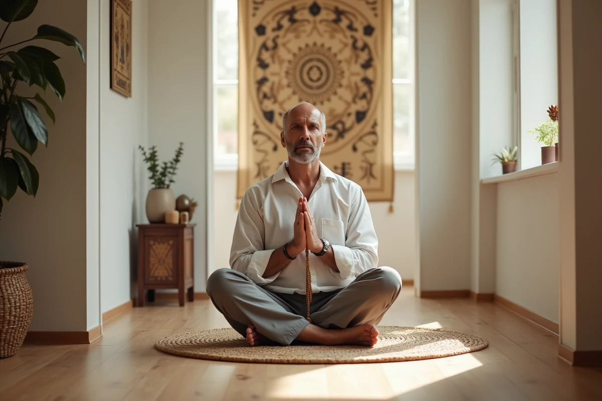 Homme méditant avec perles dans une entrée lumineuse