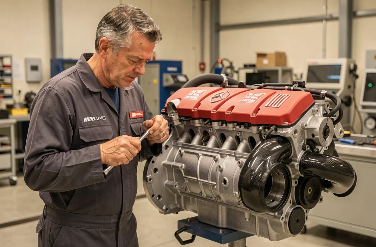 Ingénieur AMG inspectant le moteur biturbo V8 assemblé à la main dans l'usine de Affalterbach, avec le badge One Man One Engine visible